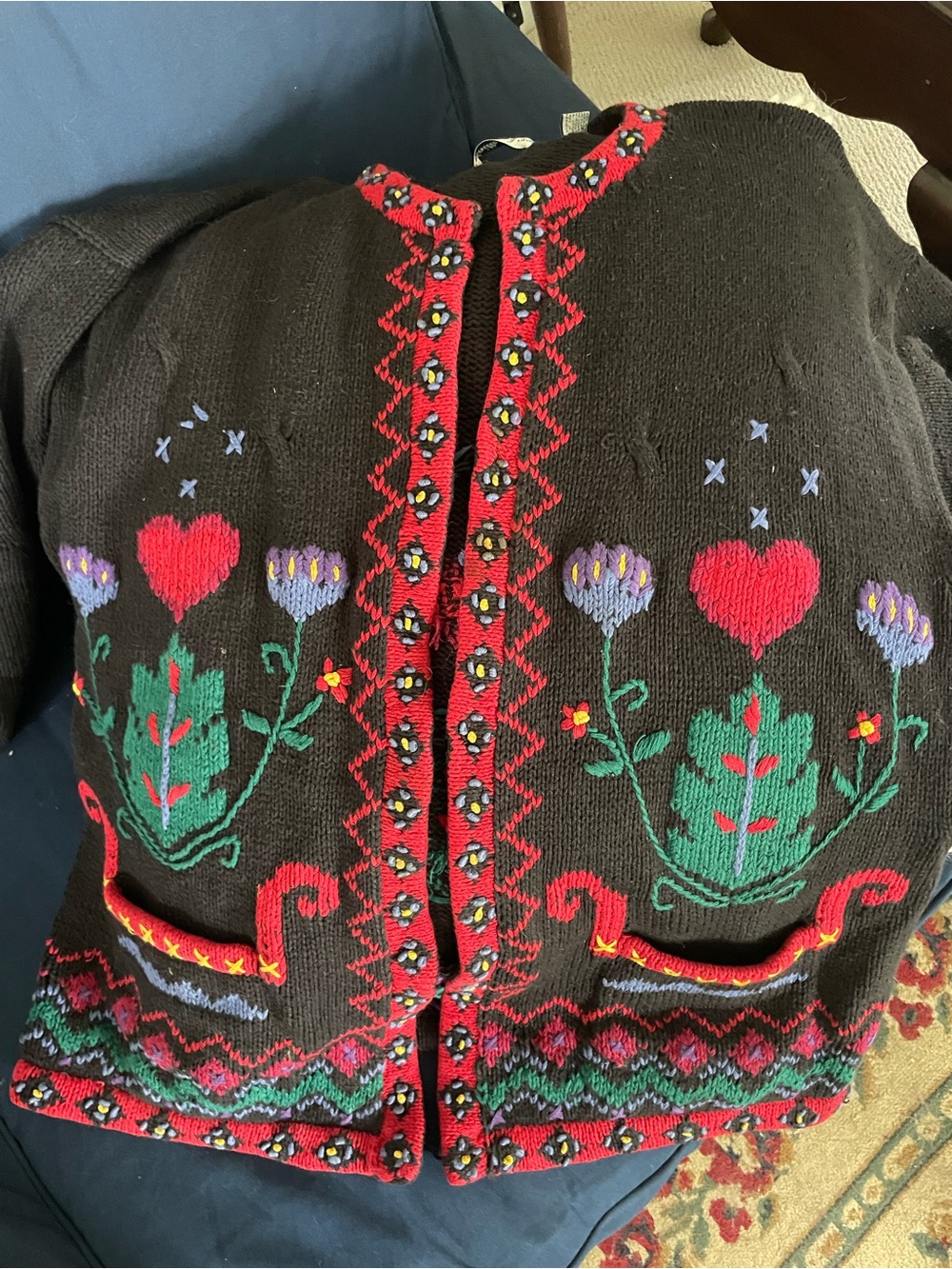 Black Embroidered Floral Cardigan with Red Trim
